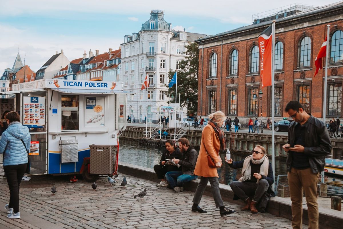 Tican Pølser hot dog stand along the canal at Gammel Strand, Copenhagen