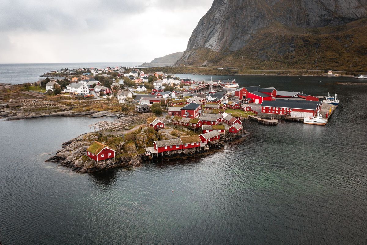 Hamnøy fishing village with red rorbuer cabins, Lofoten Islands, Norway.