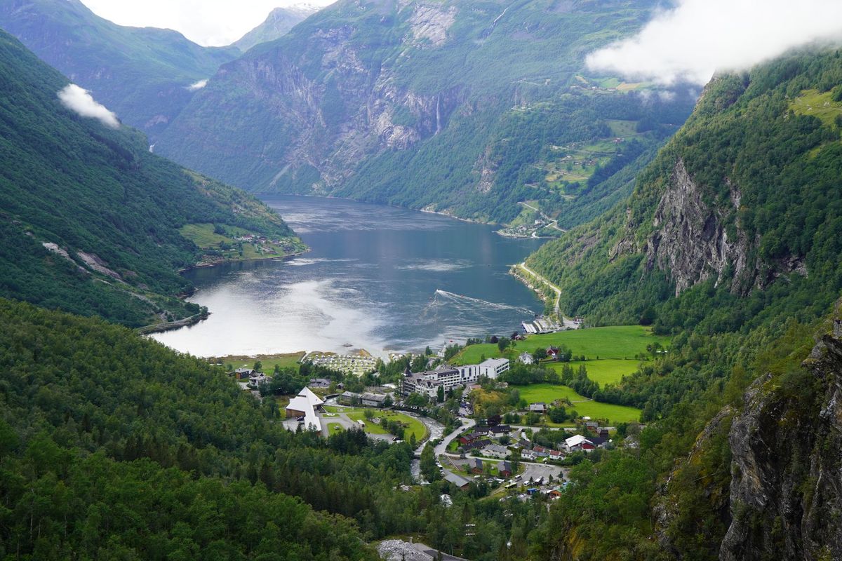 Geirangerfjord from above, with the small village at its end