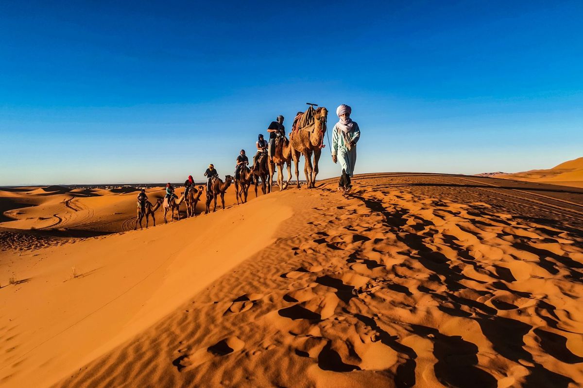 Sahara Desert dunes at Erg Chebbi, Morocco, with a camel caravan crossing