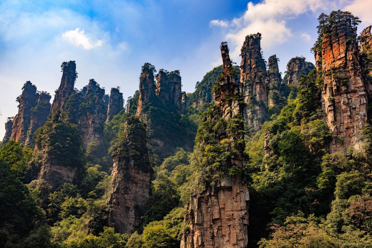 The sandstone pillars of Zhangjiajie, covered in hanging forest growth
